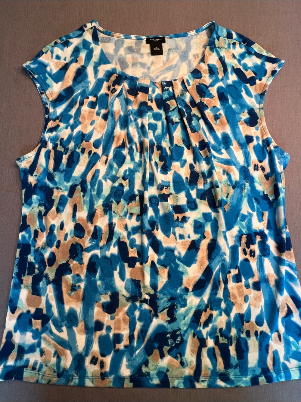 Ann Taylor Blue Teal and Tan Abstract Cap-Sleeve Top - Picture 1 of 6